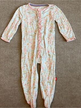 Magnetic Me Pink Cream Floral Ruffle-Front Footed One-Piece